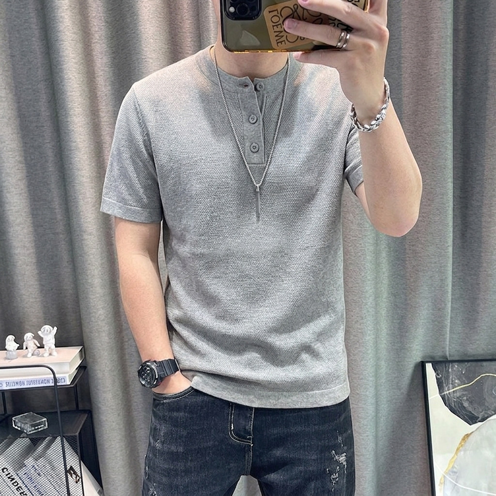 正肩亨利领短袖t恤男潮牌夏季薄款高级感纯色针织半袖小领口上衣