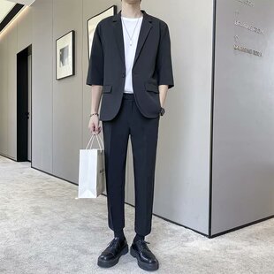 夏季大码男士薄款冰丝垂感发型师小西服西裤套装七分中袖西装外套