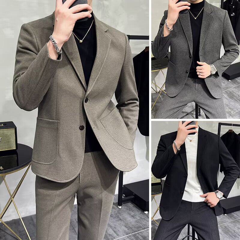 毛呢西装外套男士冬季厚款保暖高级感修身商务休闲呢料西服上衣潮