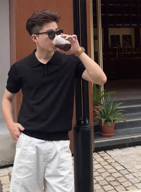 老钱风黑色针织冰丝短袖polo衫男士夏季穿搭轻薄透气翻领半袖T恤