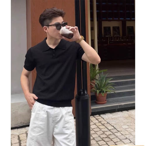 老钱风黑色针织冰丝短袖polo衫男士夏季穿搭轻薄透气翻领半袖T恤