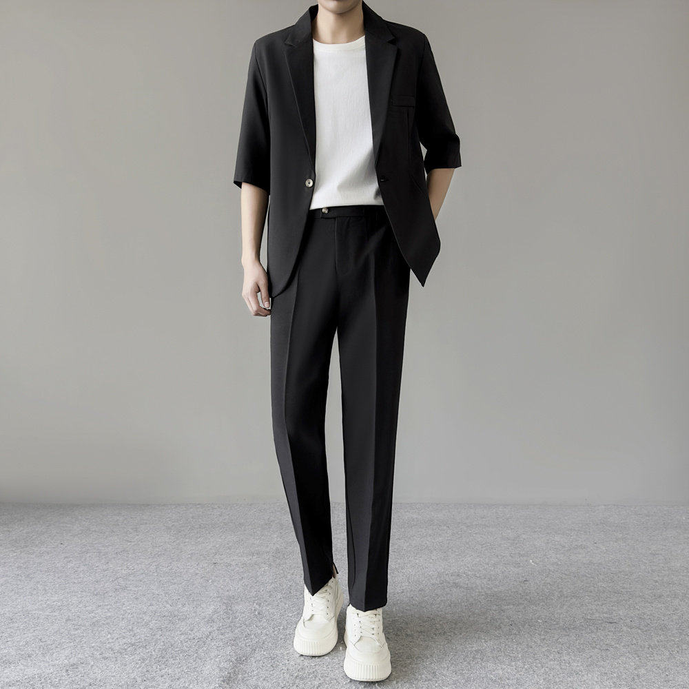 夏季薄款高级感冰丝垂感西装套装男士五分短袖轻熟风休闲西服外套