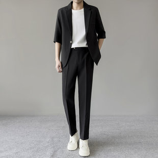 夏季薄款高级感冰丝垂感西装套装男士五分短袖轻熟风休闲西服外套