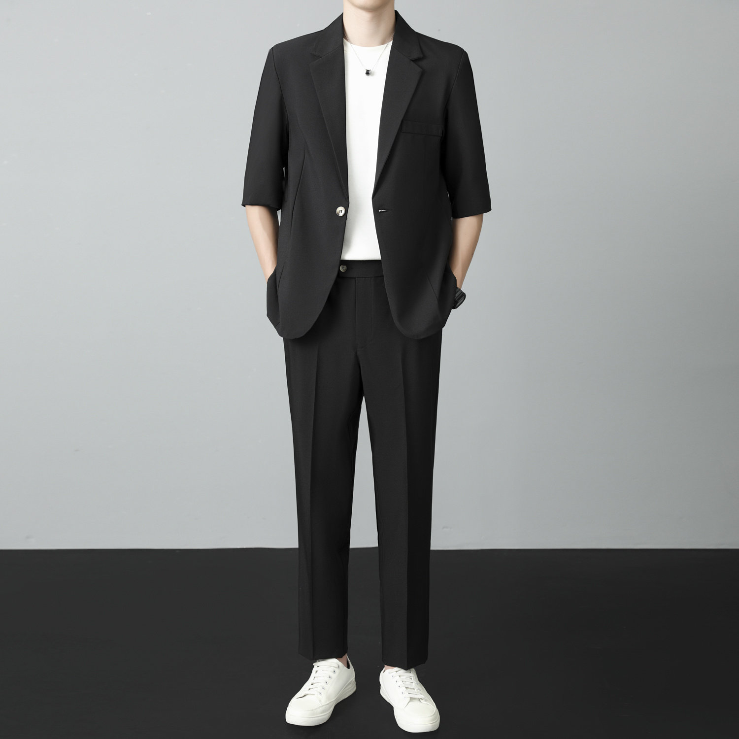 短袖小西装男夏季休闲七分袖外套韩版潮流半袖中袖西服套装两件套