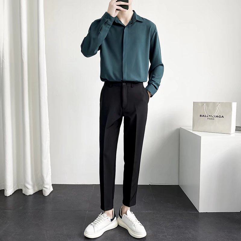 男士轻熟风休闲西服套装韩版时尚墨绿色衬衫长袖痞帅垂感西装衬衣