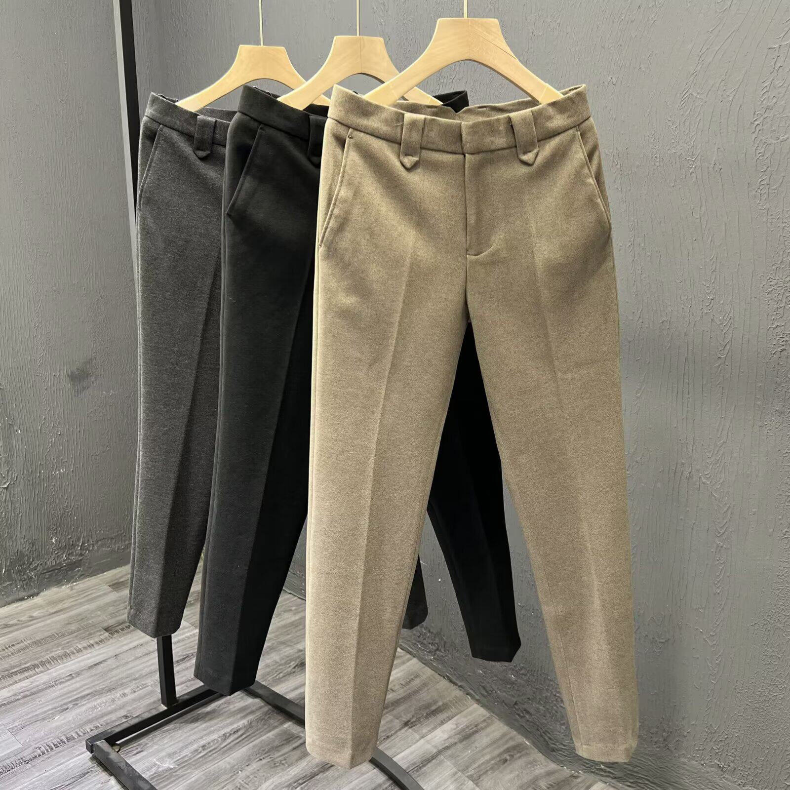 冬季纯棉厚款高级感毛呢西裤男士直筒西装休闲长裤子呢料保暖修身