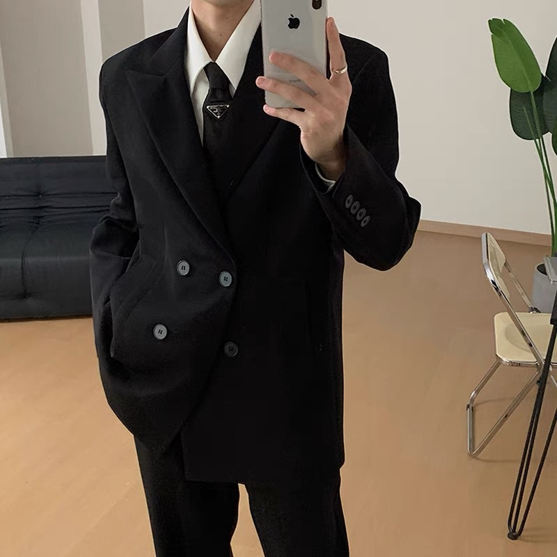 高级感休闲西装男士帅气潮流痞帅宽松双排扣西服外套百搭垂感单西