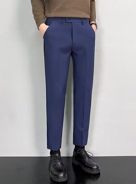 春季藏蓝色西裤男九分休闲垂感轻熟商务职业西装长裤韩版修身弹力