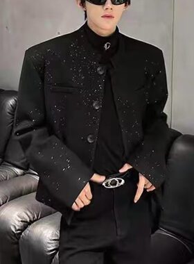新中式中山装男高级感痞帅立领西装外套满天星毛呢料厚款正肩西服