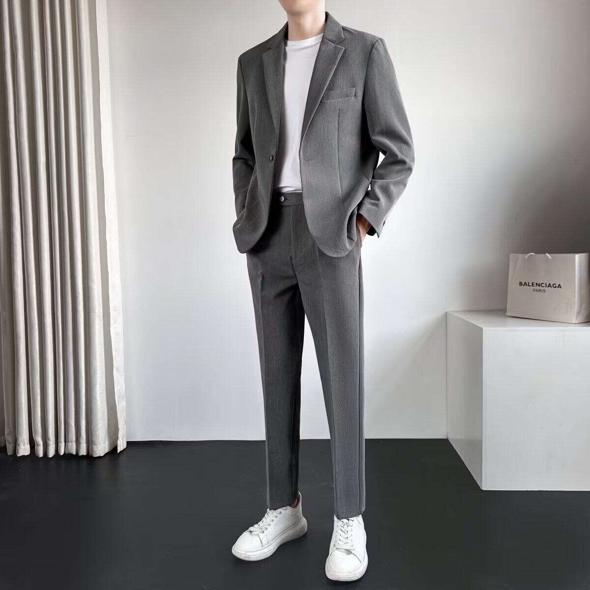 轻熟风商务休闲西装男士宽松垂感外套潮流痞帅西服搭配西裤一套装