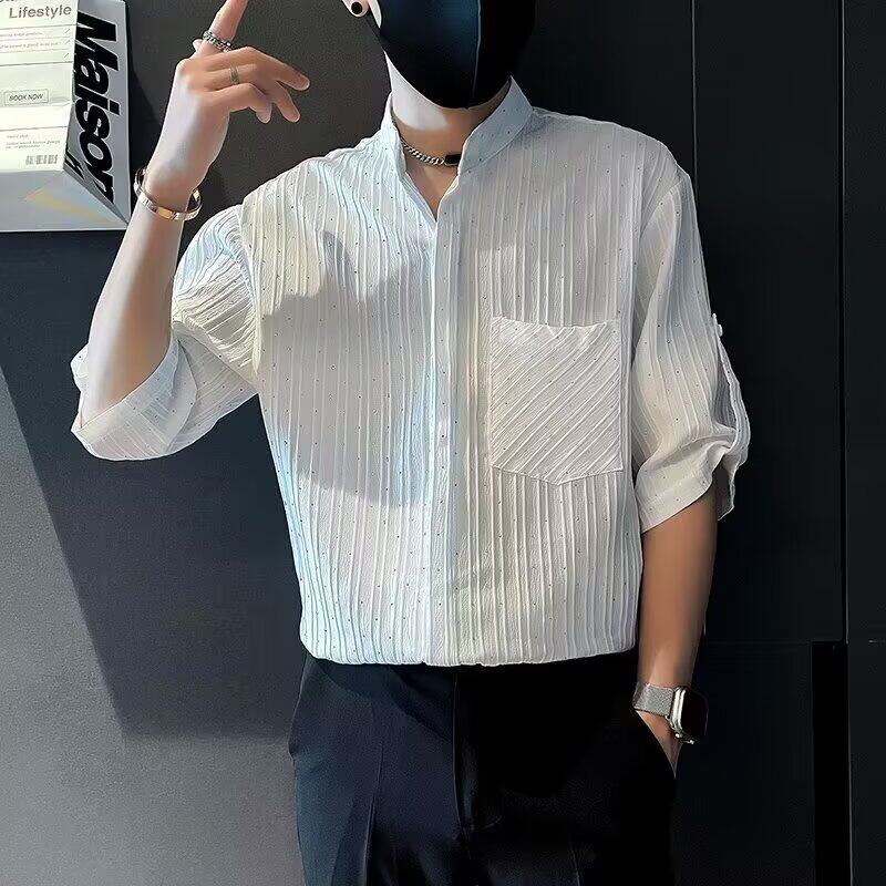 高级感白色衬衫男士夏季薄款冰丝半截袖衬衣潮流百搭痞帅休闲短袖