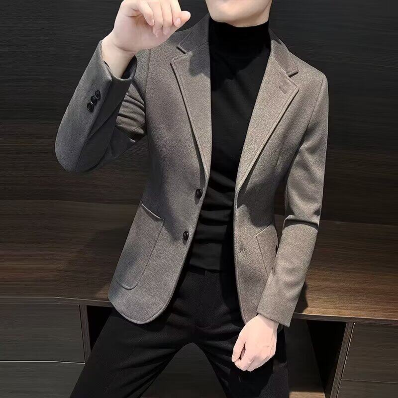 毛呢男士休闲西装外套冬季高级感痞帅韩版加厚呢子修身小西服上衣