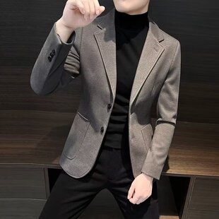 毛呢男士休闲西装外套冬季高级感痞帅韩版加厚呢子修身小西服上衣