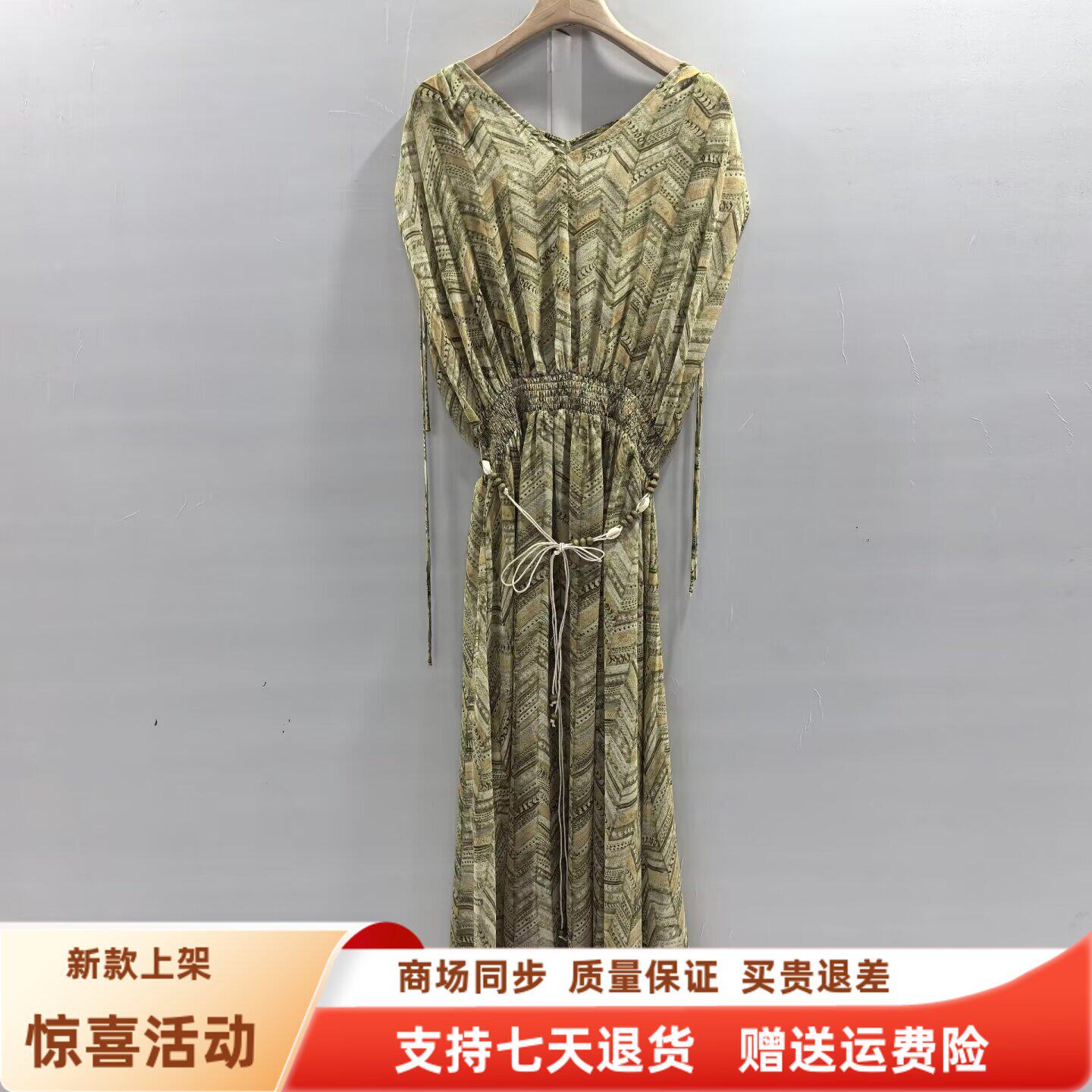馨丽XL26X7066时尚韩系V领落肩系带雪纺印花长款夏装2026女连衣裙