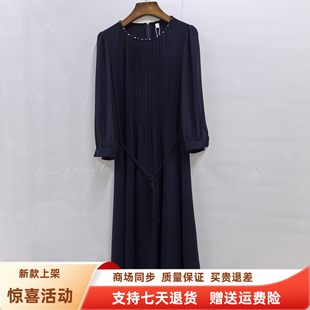 莱瑞JR8105时尚优雅圆领气质皱褶系带长款连衣裙春装2026女式新款