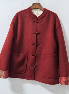 JMY2857时尚立领国风宽松毛呢上衣盘扣撞色短外套春装2026女新款