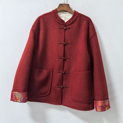 JMY2857时尚立领国风宽松毛呢上衣盘扣撞色短外套春装2026女新款