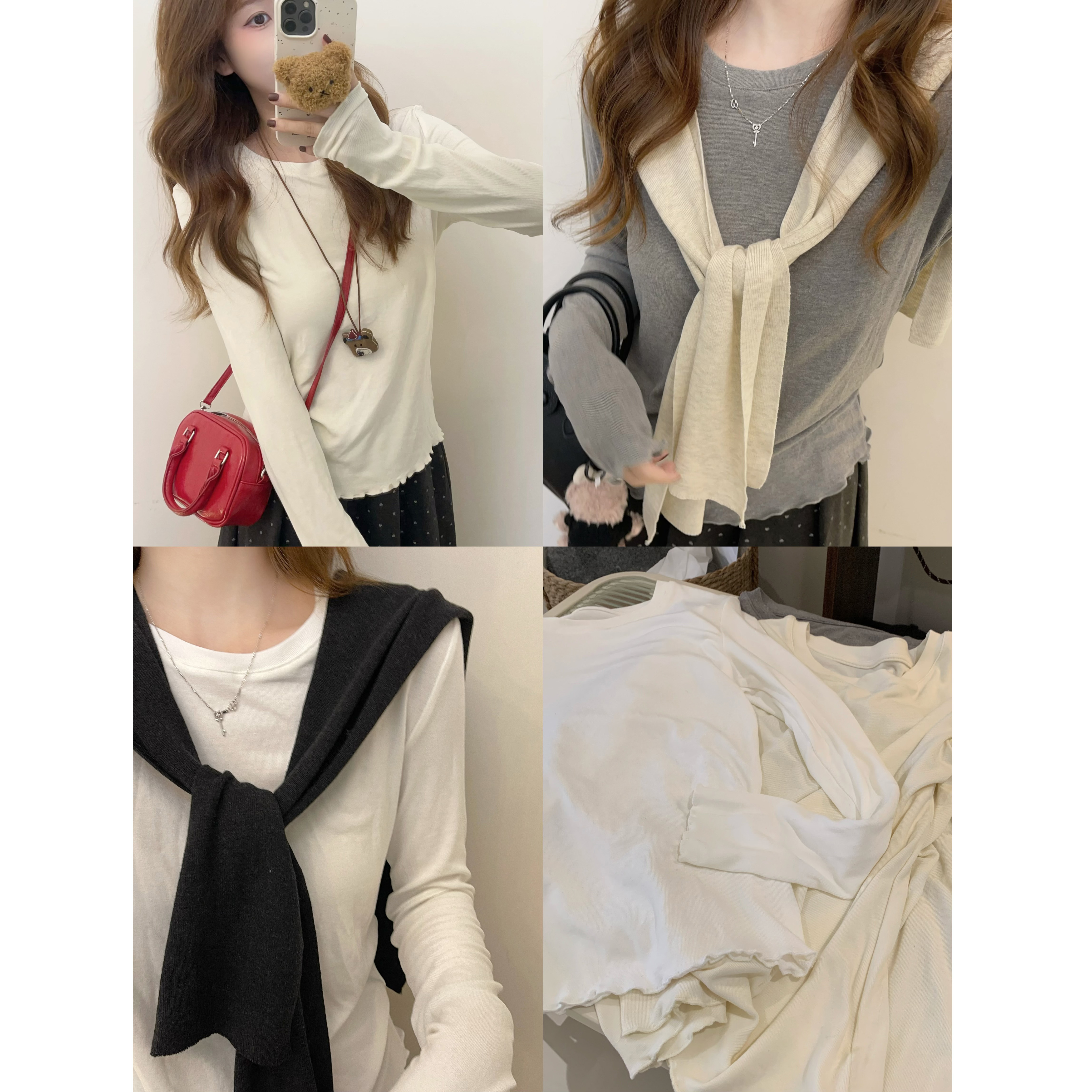 秋家自制/小花边蛋卷~柔软亲肤 圆领长袖t恤打底衫内搭上衣秋冬