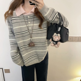 小翻领厚实柔软套头毛衣上衣 通勤灰粉条纹 秋家自制 学院感up