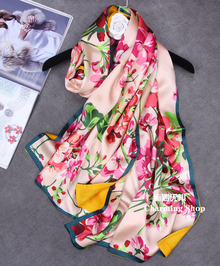 春秋冬季真丝丝巾欧美大牌天竺葵桑蚕丝围巾女长披肩保暖装饰两用