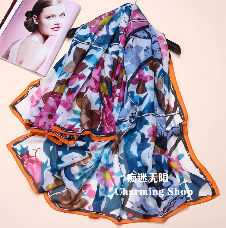 油画风大牌真丝大方巾女式丝巾纯桑蚕丝花卉手工边围巾披肩海边风
