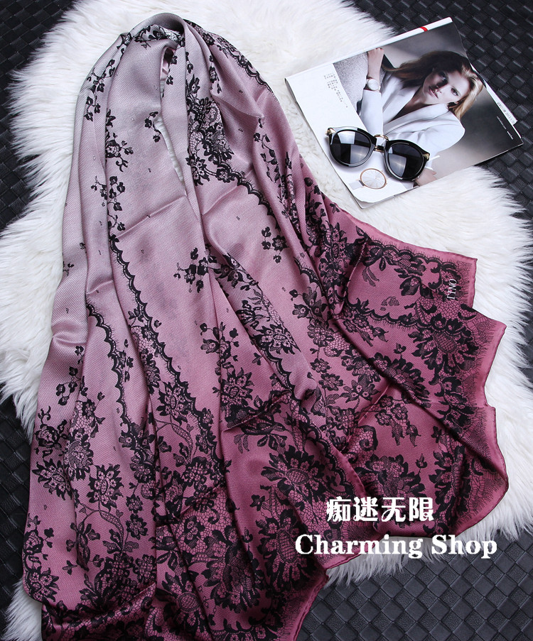 真丝桑蚕丝丝巾女春秋冬款披肩渐变色蕾丝纹围巾长巾大尺寸欧美风