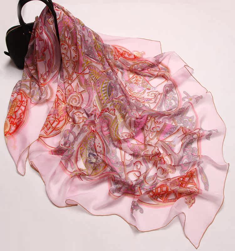 100%真丝大方巾纯桑蚕丝手工卷边超大尺寸围巾春秋冬披肩粉色欧美