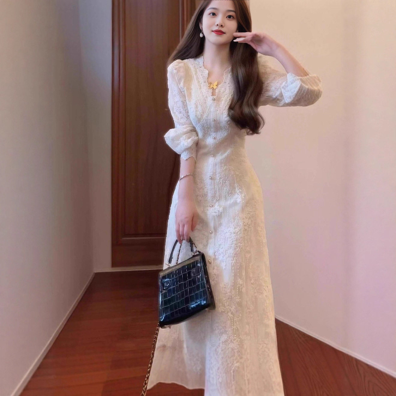 易菲妍女装官方旗舰店正品连衣裙时尚蕾丝秋装2025新款法式温柔风