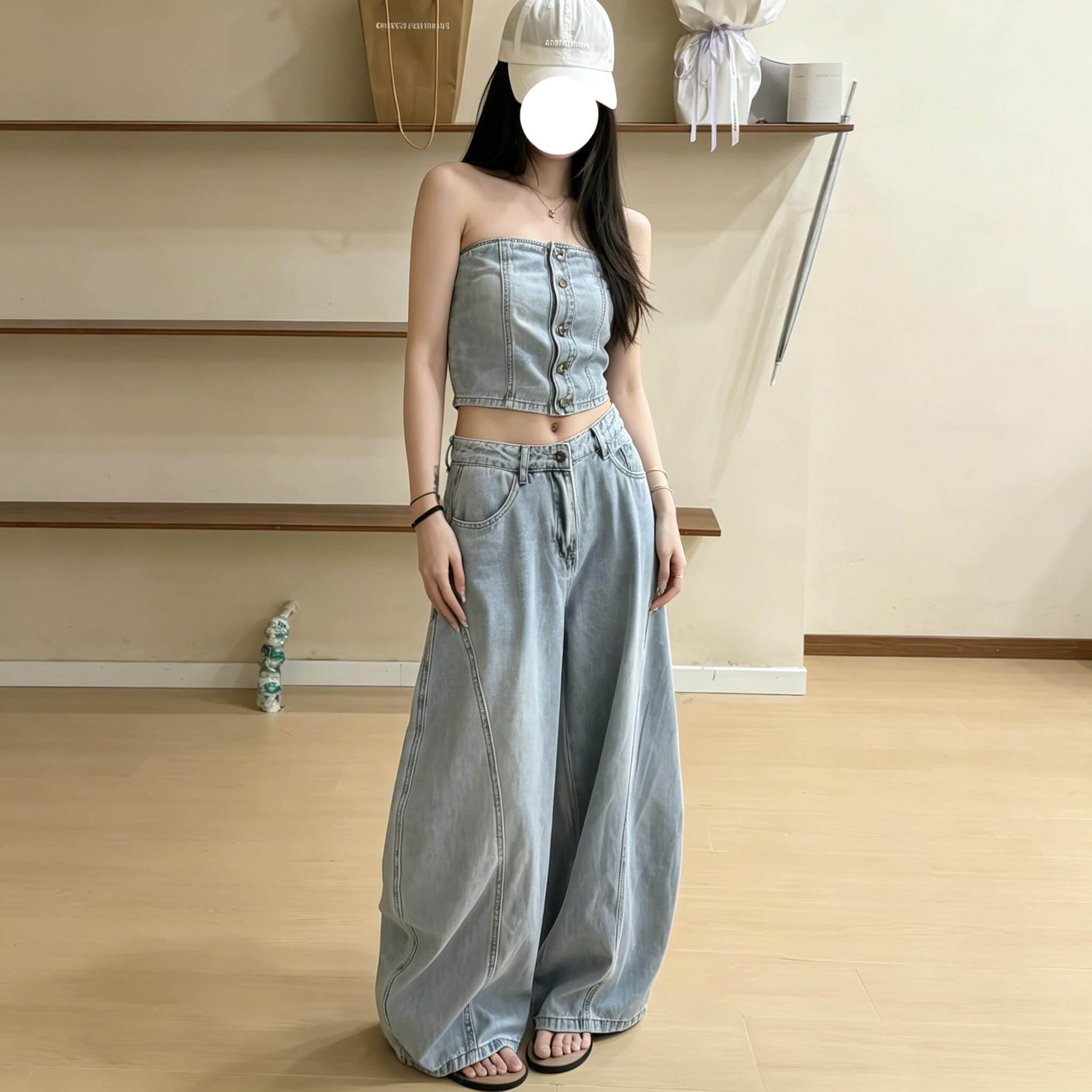 辣妹抹胸牛仔套装女夏季修身束腰阔腿裤两件套夏日穿搭