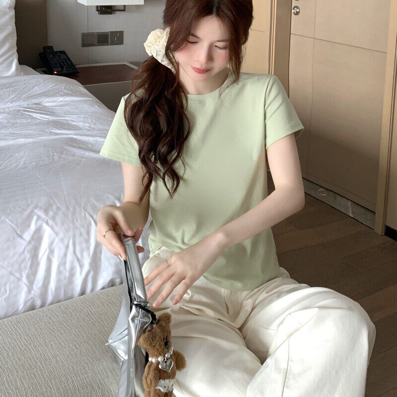 淡紫色T恤女2026新款爆款小个子圆领纯色正肩显瘦短袖上衣女款夏