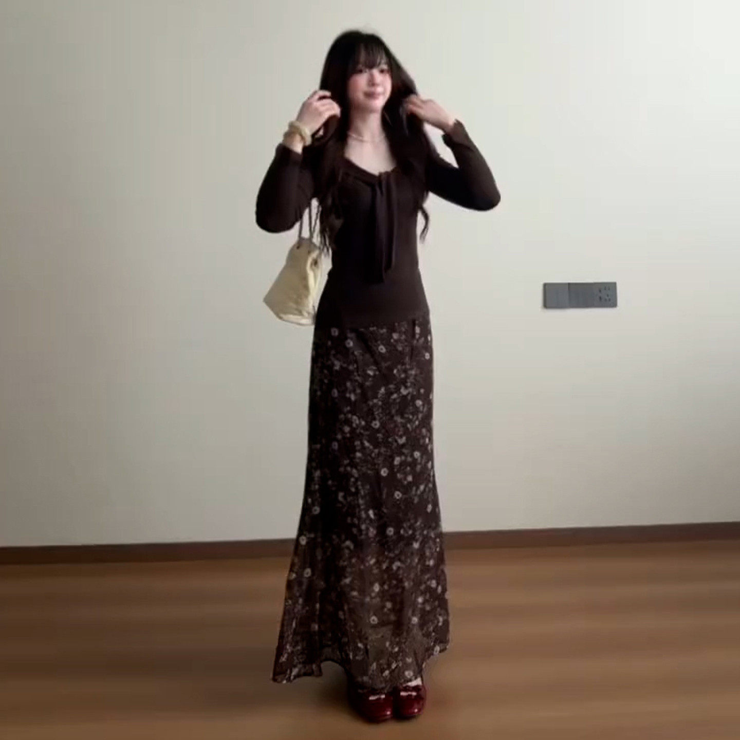 法式一字肩洋装子女2026新款春秋季韩系氛围感穿搭套装碎花长裙