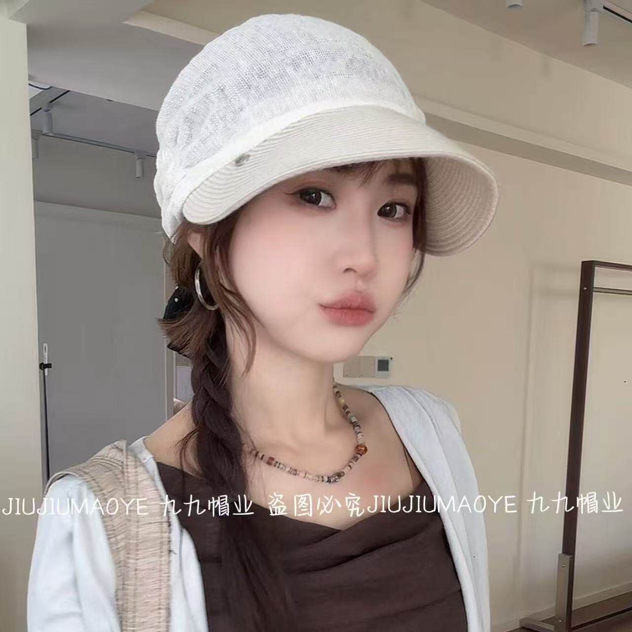 日系鸭舌帽褶皱堆堆亚麻包头帽女夏季时髦薄款透气百搭显气质复古