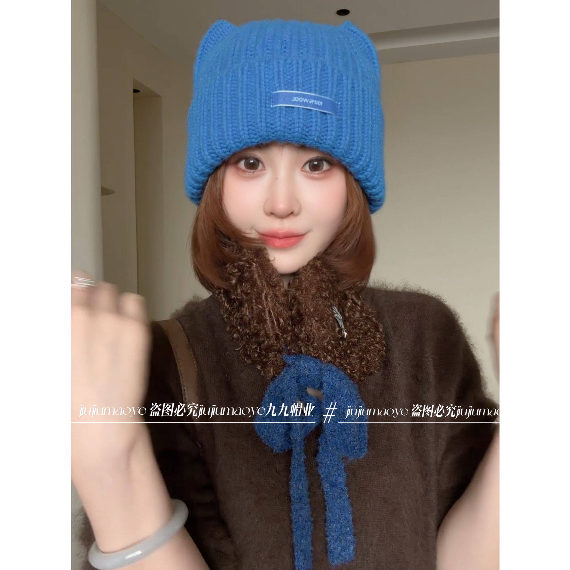 【100%澳洲羊毛】可爱猫耳毛线帽子女秋冬保暖护耳百搭针织帽包头