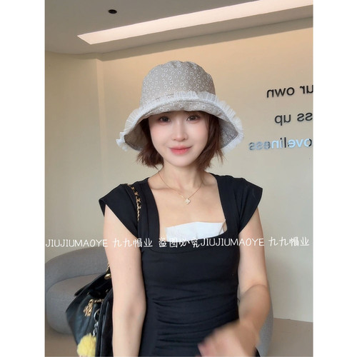 草帽女夏季日系小清新蕾丝花朵草编渔夫帽大檐防晒出游沙滩遮阳帽