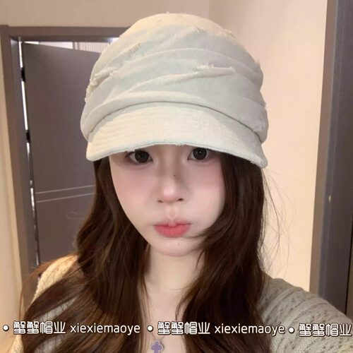 百搭复古日系破洞做旧春夏时髦透气褶皱女遮阳帽马术帽平顶贝雷帽