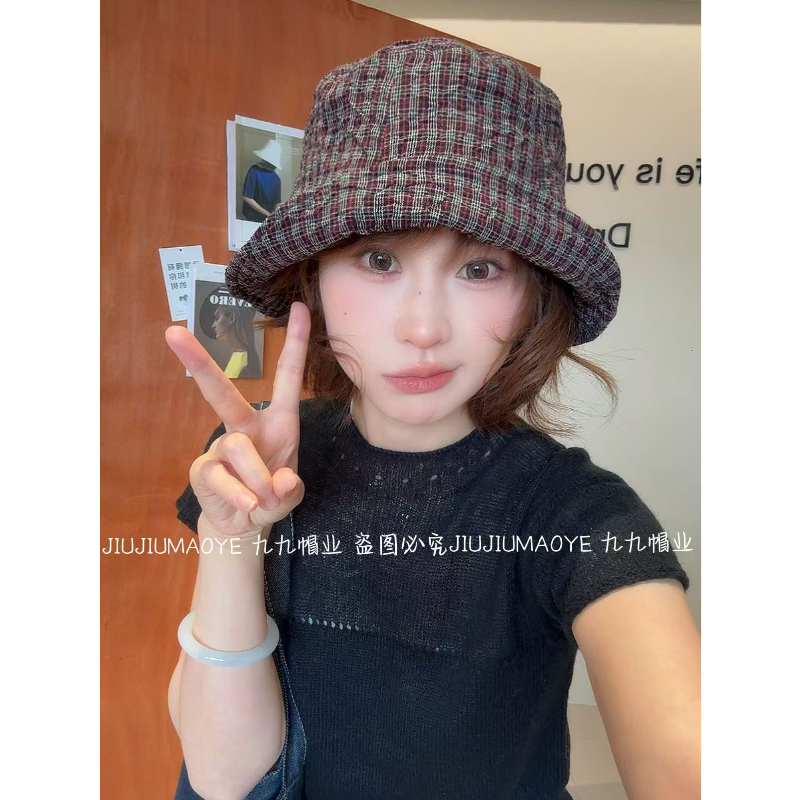 日系复古格子渔夫帽子女26年春夏新款遮阳百搭显脸小可折叠盆帽