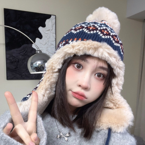 冬季加厚加绒保暖雷锋帽子女针织提花图案护耳帽东北户外百搭休闲
