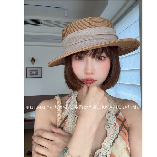 夏季轻法式百搭显脸小平顶编织草帽女遮阳防晒草编ins时尚复古