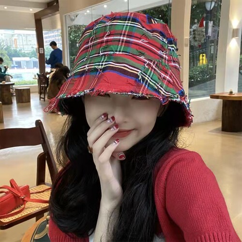 小众设计红格纹渔夫帽女复古显脸小水桶帽春夏韩版时尚百搭盆帽