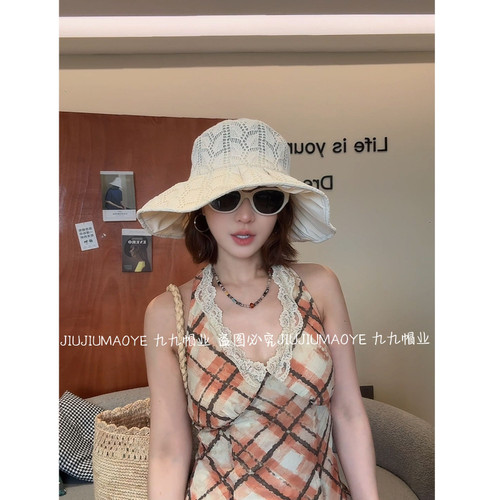 2026新款蕾丝镂空大帽檐渔夫帽女夏季户外透气遮阳显脸小防晒帽子