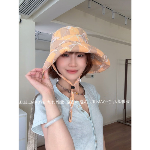 日系潮流彩色浪条棉麻花朵渔夫帽女夏季大沿遮脸防晒太阳帽遮阳
