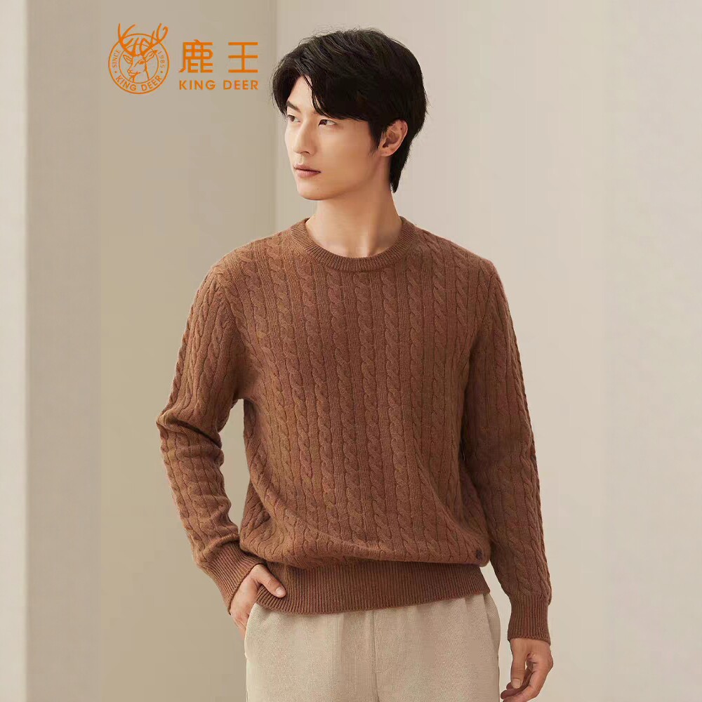 鹿王男士圆领纯山羊绒衫秋冬百搭保暖休闲简约针织扭花套头毛衣厚
