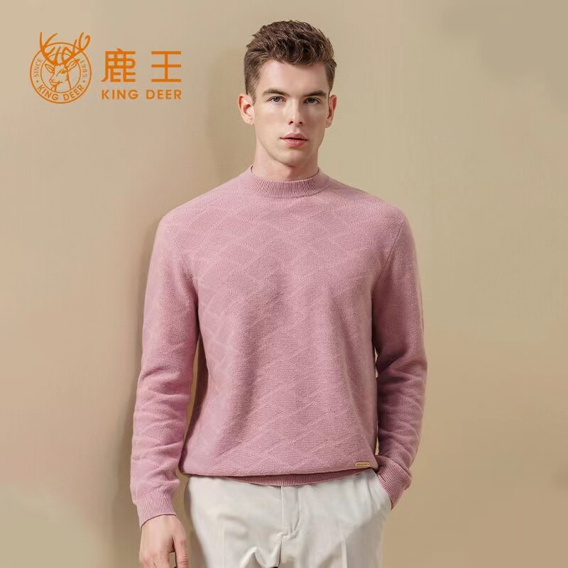 鹿王秋冬新款纯山羊绒衫男半高领厚提花百搭时尚柔软休闲针织套衫