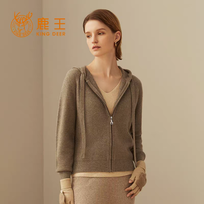 鹿王秋冬山羊绒连帽拉链开衫女气质加厚针织外套百搭休闲保暖简约