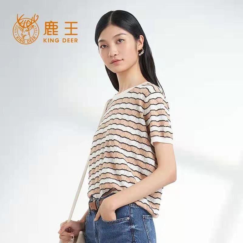 2023年 鹿王t恤女桑蚕丝圆领变换组织条纹春夏新款休闲简约半袖衫