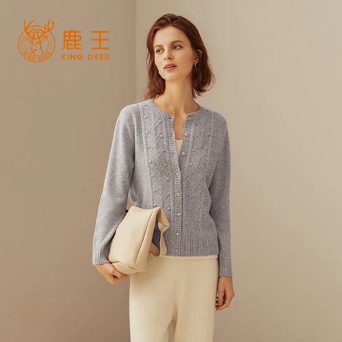 鹿王羊绒衫女开衫秋冬季圆领保暖宽松中年妈妈绞花百搭毛衣外套穿
