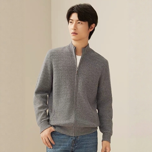 鹿王男士半高领纯山羊绒开衫秋冬季百搭保暖休闲简约毛衣外套厚款