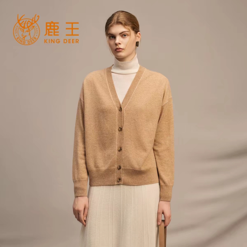 鹿王山羊绒V领修身开衫女老钱风