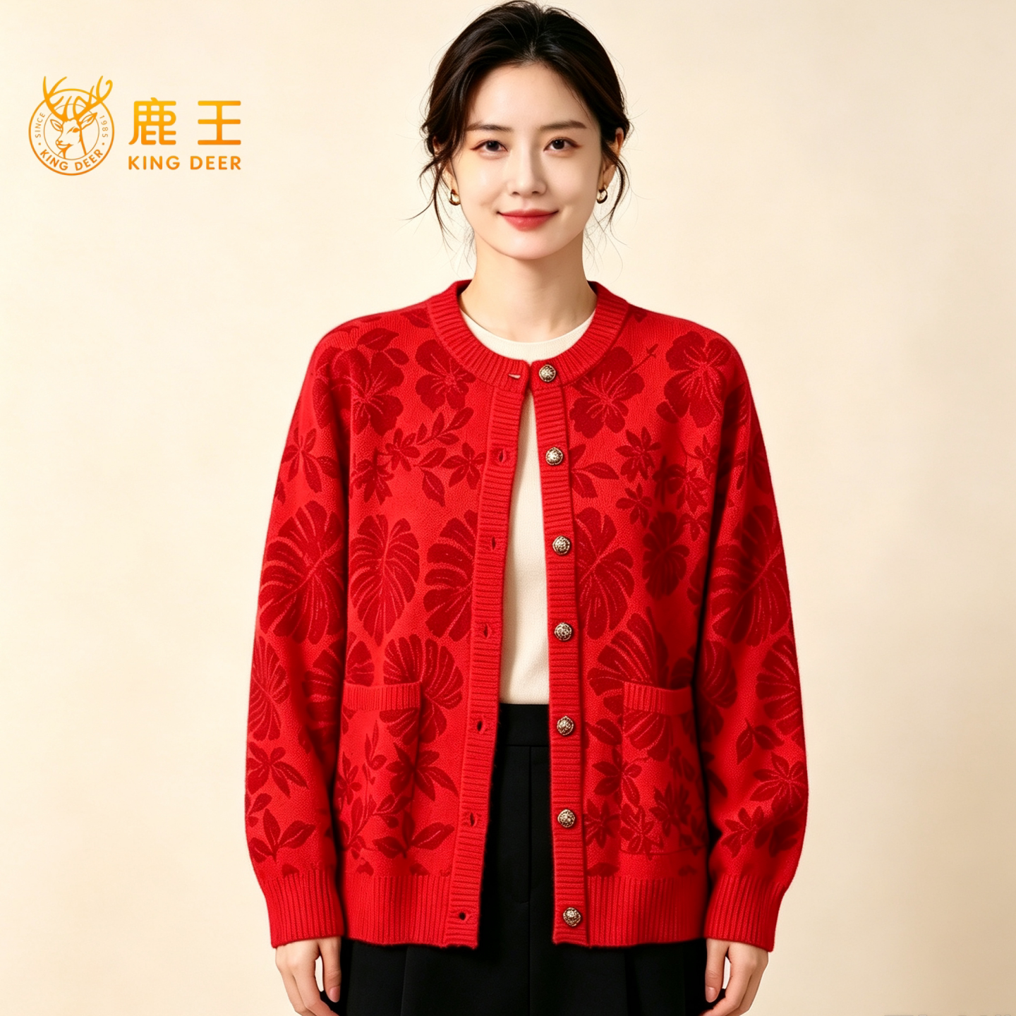 鹿王女士纯山羊绒加厚保暖开衫冬