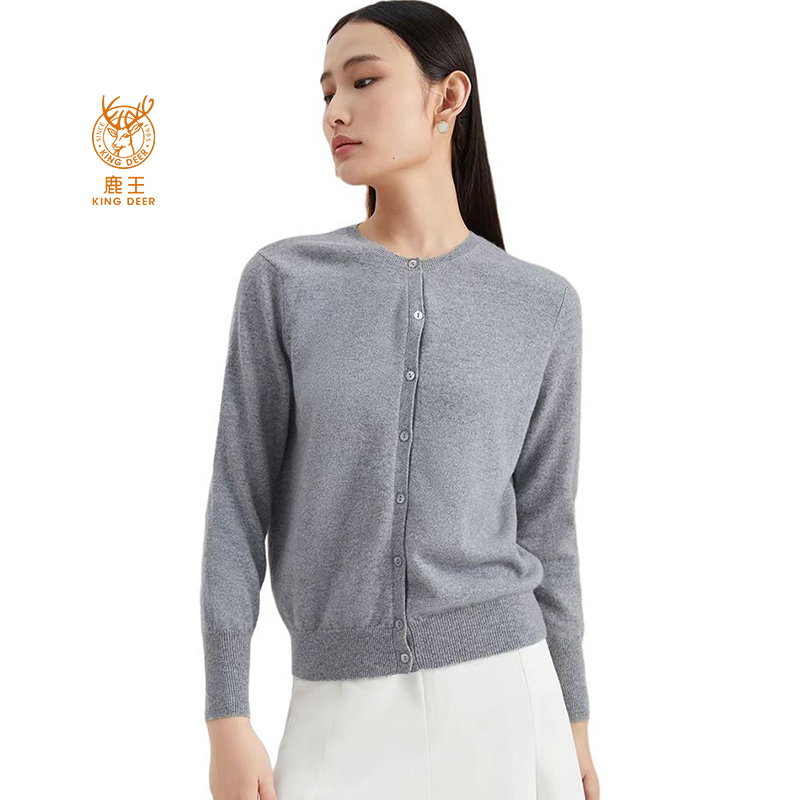 长袖羊绒开衫鹿王女士羊绒圆领